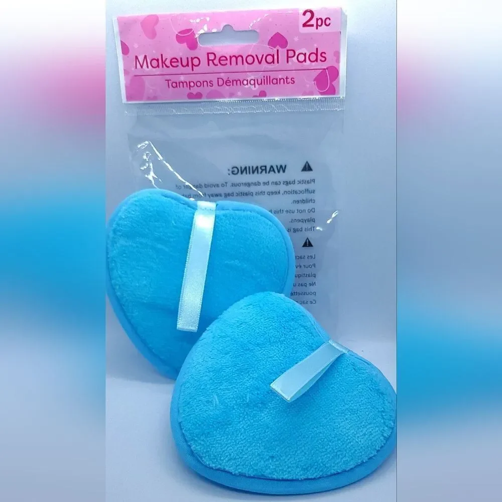 Reusable Beauty Makeup Removal Pads Blue Heart Shaped Plush Foam 2-pack Love